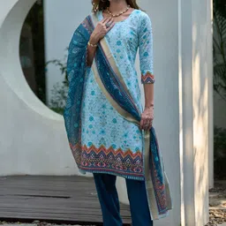 Light Blue Cotton Printed Kurta Set with Embroidered Neckline & Linen Dupatta | Summer Ethnic-picture-1