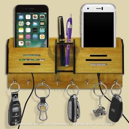 Wood Key Holder with Storage Box Mobile Holder Pen Holder Pack of 8 Hook Wooden Wall Shelf-2