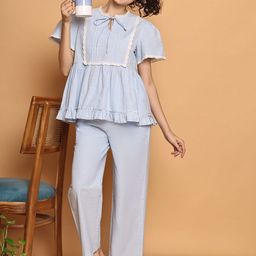 BLANC9 Women Blue Checkered Peplum Top Nightwear-image-42