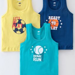 Simply Sinker Sleeveless Sets Of Vests With Text & Ball Games Print Pack Of 3 - Yellow & Blue-picture-25