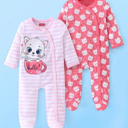 Babyhug Cotton Knit Full Sleeves Footed Sleepsuit Kitty Print Pack of 2 - Red & Pink-image-52