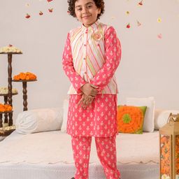Pspeaches Full Sleeves All Over Flower Motif Printed Kurta With Lace Detailed Motif Patched Striped Jacket & Pyjama - Multi Colour-image-127
