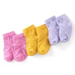 Cute Walk By Babyhug Cotton Knit Anti Bacterial Ankle Length Socks Polka Dot Design Pack Of 3 - Pink Yellow & Purple-picture-2