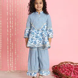 READIPRINT Three Fourth Sleeves Vintage Floral Printed & Gota Lace Embellished Kurta With Coordinating Sharara - Blue-picture-9