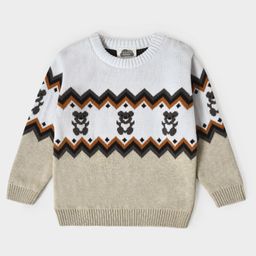 Mi Arcus Full Sleeves Zig Zag Pattern & Teddy Bear Designed Colour Blocked Cotton Sweater - White-picture-27