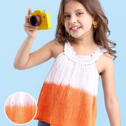 Babyhug Cotton Crinkle Woven Sleeveless Top with Frills and Gradient Effect - Orange & White-image-90