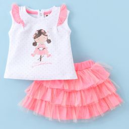ToffyHouse 100% Cotton Knit Sleeveless Top & Woven Mesh Skirt Set With Doll Print - White & Pink-picture-46