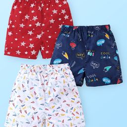 Babyhug Cotton Woven Boxer With Stars & Paper Airplane Print Pack Of 3 - Red Navy Blue & White-image-95