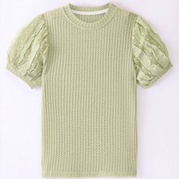 Kookie Kids Puffed Sleeve Texture Top- Green-image-2