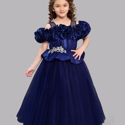 PinkChick Satin Cold Shoulder Bodice Pleated & Stones Embellished Party Wear Gown - Navy Blue-image-62