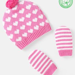 Babyhug 100% Organic Woollen Cap & Mittens With Pom Pom Applique & Heart Design Pink - Diameter 11 cm-12