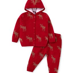 Babyhug Knitted Full Sleeves Front Open Hooded Sweater & Pant With Reindeer Design - Red-7