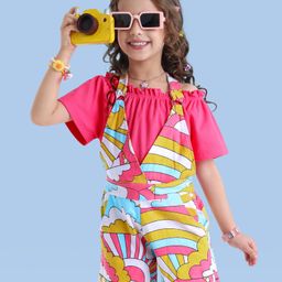Ollington St. Cotton Printed Dungaree & Lycra Rib Half Sleeves Off-Shoulder Top - Pink-image-97
