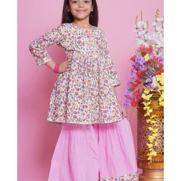 Little Bansi Cotton Three Fourth Sleeves Floral Printed Kurta Sharara And Dupatta Set - Pink-picture-47