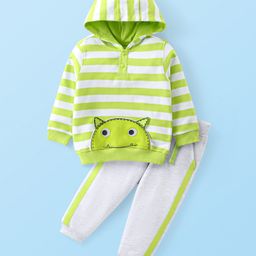Babyhug Single Jersey Knit Full Sleeves Hooded Striped T-Shirt with Patch & Lounge Pant Set- Lime-picture-10