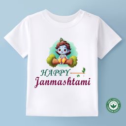 BLUSHES Janmashtami Theme 100% Cotton Half Sleeves Happy Janmashtami Text Printed Tee - White-image-60