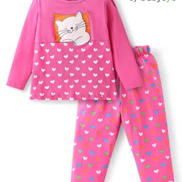 Babyoye 100% Cotton Knit Full Sleeves Night Suit with Heart & Kitty Print - Fuchsia-picture-38