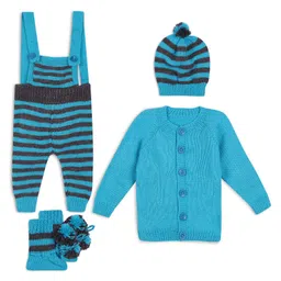 Windrop Solutions Wool Full Sleeves Crochet Solid Sweater With Striped Dungaree & Coordinating Cap & Booties - Blue-picture-15
