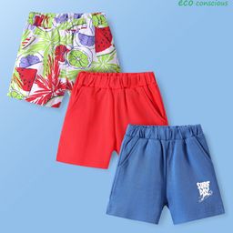 Babyoye Cotton With Eco Jiva Finish Shorts with Tropical & Surf Day Text Print Pack of 3 - Red & Blue-picture-17