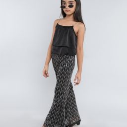 Taffykids Sleeveless Chain Strap Detailed Layered Party Crop Top With Sequins Embellished Pant Set - Black-image-51