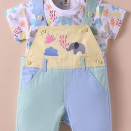ToffyHouse Cotton Knit Dungaree with Half Sleeves Inner Tee & Jungle Theme Print - Multicolor-image-62