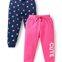 Babyhug Single Jersey Knit Full Length Lounge Pants Pack Of 2 with Polka Dots & Text Print - Pink Navy Blue-image-75