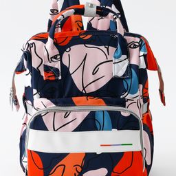 Multi-storage Diaper Backpack with Abstract Print Travel Friendly - Navy Blue White & Orange-18