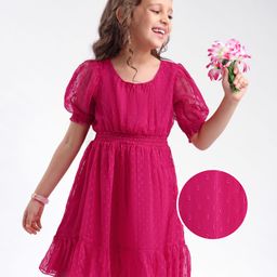 Hola Bonita Woven Half Puffed SleevesDress In Dobby Fabric - Dark Pink-picture-1