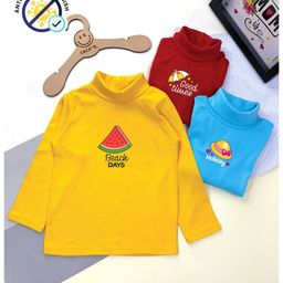 COCOON ORGANICS Cotton Rib Pack Of 3 Full Sleeves Beach Theme Printed Anti Microbial Tees - Yellow Red & Sky Blue-image-75