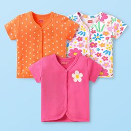 Babyhug Interlock Knit Half Sleeves Antibacterial Front Open Vests With Polka Dots & Floral Print Pack Of 3 - Orange Pink & White-image-85