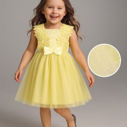 Babyhug Woven Sleeveless Fit & Flare Party Dress with Lace & Bow Applique - Yellow-image-92