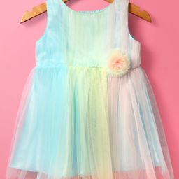 Babyhug Woven Sleeveless Party Mesh Dress With Floral Corsage - Multicolor-image-82