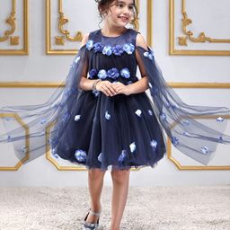 Mark & Mia Woven Cape Sleeves Party Dress With Floral Applique - Navy Blue-image-76