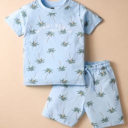 Evimo Single Jersey Knit Half Sleeves Co-ords Shorts Night Suit With Tropical Theme Print - Light Blue-image-36