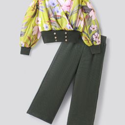 Ollington St. Georgette Full Sleeves Printed Top & Cotton Rib Culotte Pant - Multicolor & Olive Green-picture-14