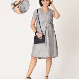 The Mom Store Cotton Half Sleeves Textured Maternity Dress With Nursing Access - Grey-picture-29