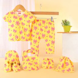 Babyhug 100% Cotton Baby Gift Set With Bow Print Pack of 7 - Yellow & Pink-image-65