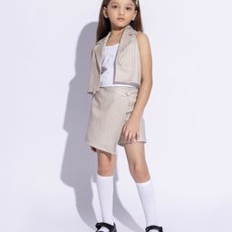 Taffykids Woven Sleeveless Striped Crop Top & Skort With Jacket Set - Beige & White-image-4