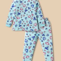 CUCUMBER Sinker Knit Full Sleeves Co-Ord Night Suit With Diamond Print - Mint-image-92