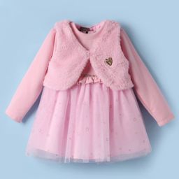 Little Kangaroos Cotton Woven Full Sleeves Frock & Jacket with Star Foil Print Sequin & Frill Detailing - Pink-image-25