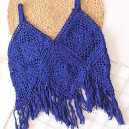 Woonie Cotton Knit Sleeveless Crochet Embroidered Top - Royal Blue-image-3