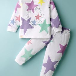 Ollypop Sinker Knit Full Sleeves Co-Ord Night Suit With Star Print - White & Lilac-image-83