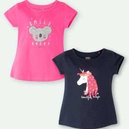Ariel Cotton Knit Pack Of 2 Half Sleeves Unicorn Printed & Koala Embroidered Tops - Pink & Navy Blue-image-79