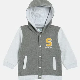 MINI KLUB Cotton Knit Full Sleeves School Text Embroidered Hooded Sweatshirt - Grey-picture-45