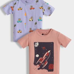 Orange Sugar 100% Cotton Knit Pack Of 2 Half Sleeves Animals In Cars & Rocket Printed Tees - Lavender & Soft Red-picture-6