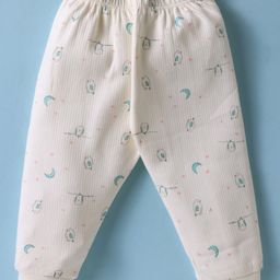 Simply Interlock Knit Full Sleeves Front Open Co-Ord Night Suit with Star Moon & Bird Print - Offwhite image 4