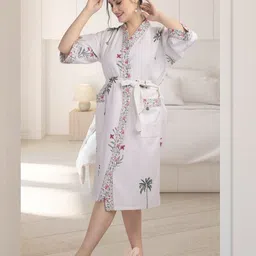 HotGown White & Green Printed Pure Cotton Bath Robe-4