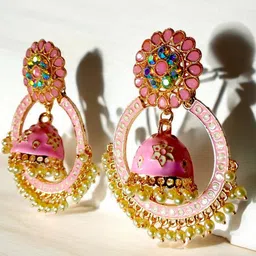 M55 Artificial Stones Studded And Beaded Circular Shaped Drop Earrings image 4