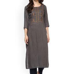 Idalia Women Grey Embroidered Straight Kurta-image-1
