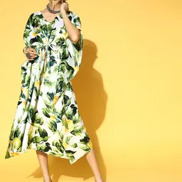 PANIT Green & White Floral Satin Ethnic Kaftan Midi Dress-image-7